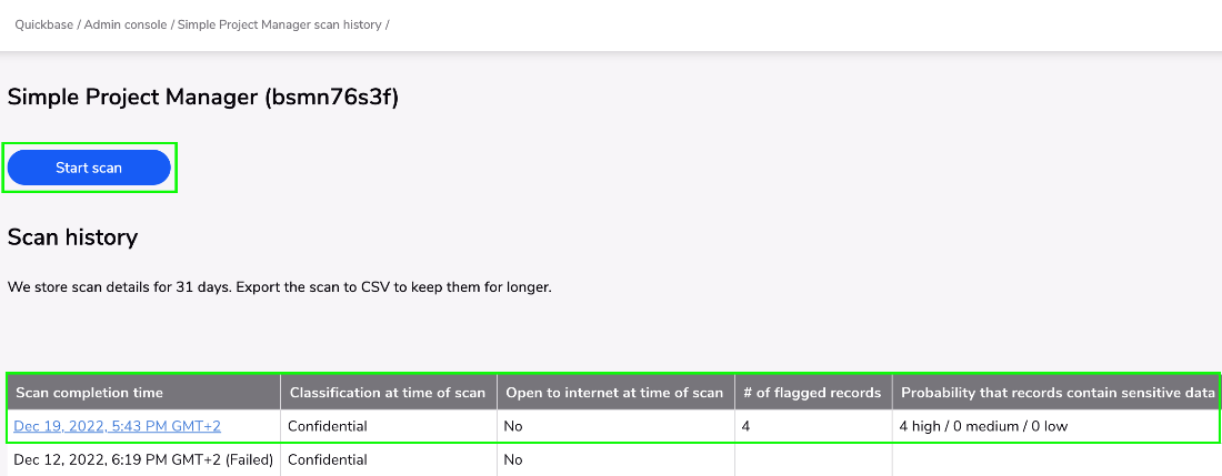 Data scanner screen where you can start a scan or review and download data scanner results