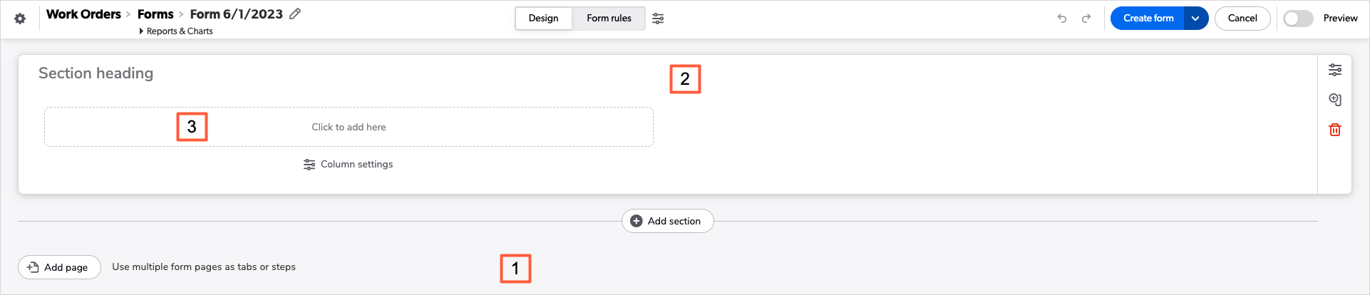 2023-06-07_Image_of_a_newly_created_form_in_the_form_builder_with_the_canvas__section__and_column_labeled.png