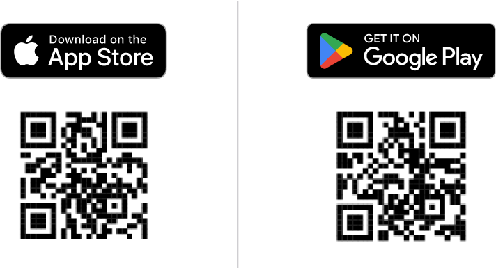 logos for the iOS app store and the google play store with QR codes