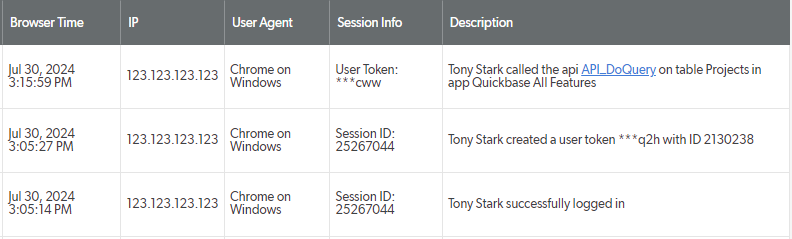 A screenshot of audit logs with the new Session Information column and new user token details