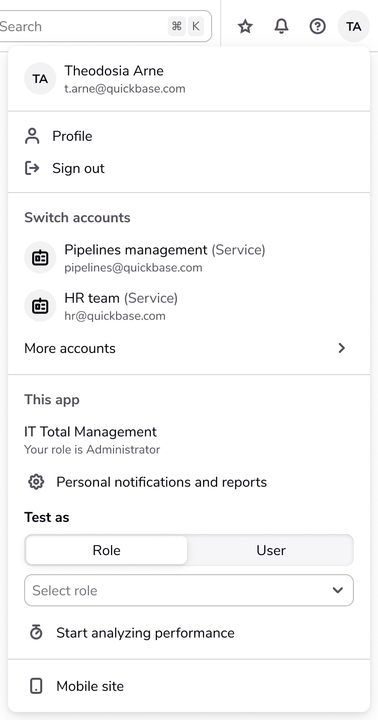 screenshot of an account menu showing example service accounts