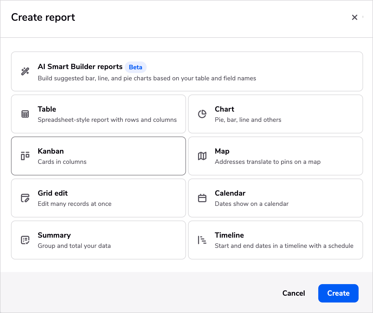 Kanban report selected in the New Report menu