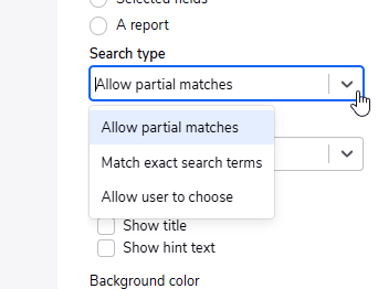 Setting dropdown in the search widget that contains the setting to allow partial matches