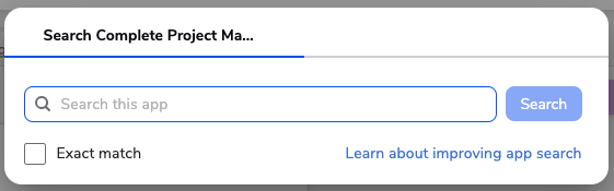 Search window is accessed from an app-level page and has one tab to search the entire app. Image shows the single tab, the search field, and the search button.