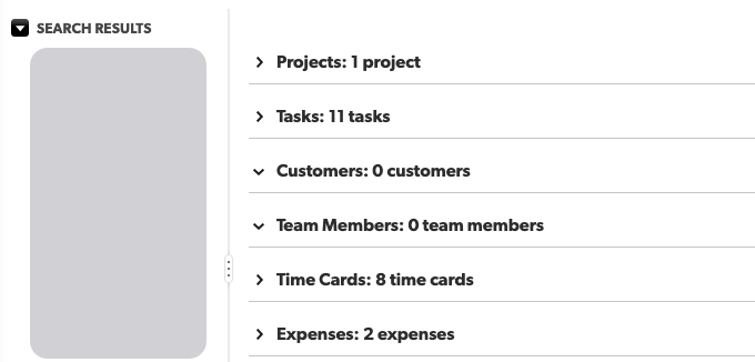 Example of results report. The main content of the screen shows table names collapsed. Expand them to see search results for each table.