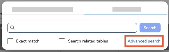 Visual of search window. Advanced search link is highlighted. It is directly after the Search related tables checkbox option.