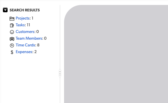 Example of search results report. Side panel on the left side of the screen shows table names with the number of results in each table.