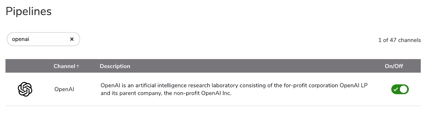 Screenshot of OpenAI channel enabled in Pipelines