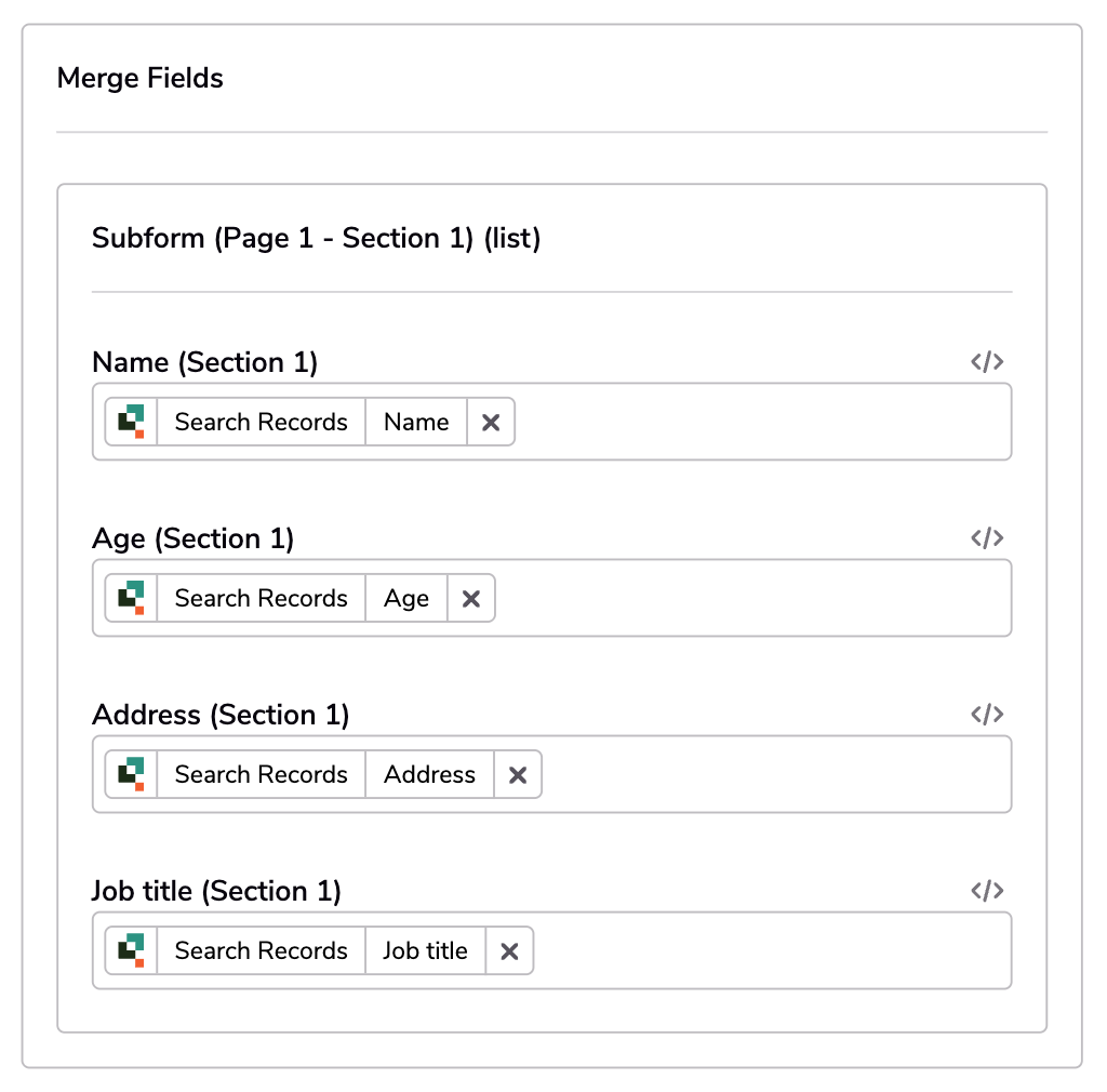Field selections in a subform