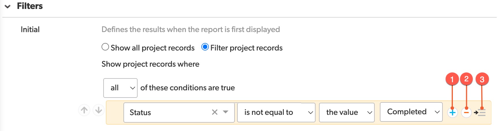 Add filters using the insert after this button, remove filters using the delete this button, and create a group of filters using the add this to a new set of criteria button. This screenshot shows the fields of a filter, and the buttons with numbered callouts over the buttons.