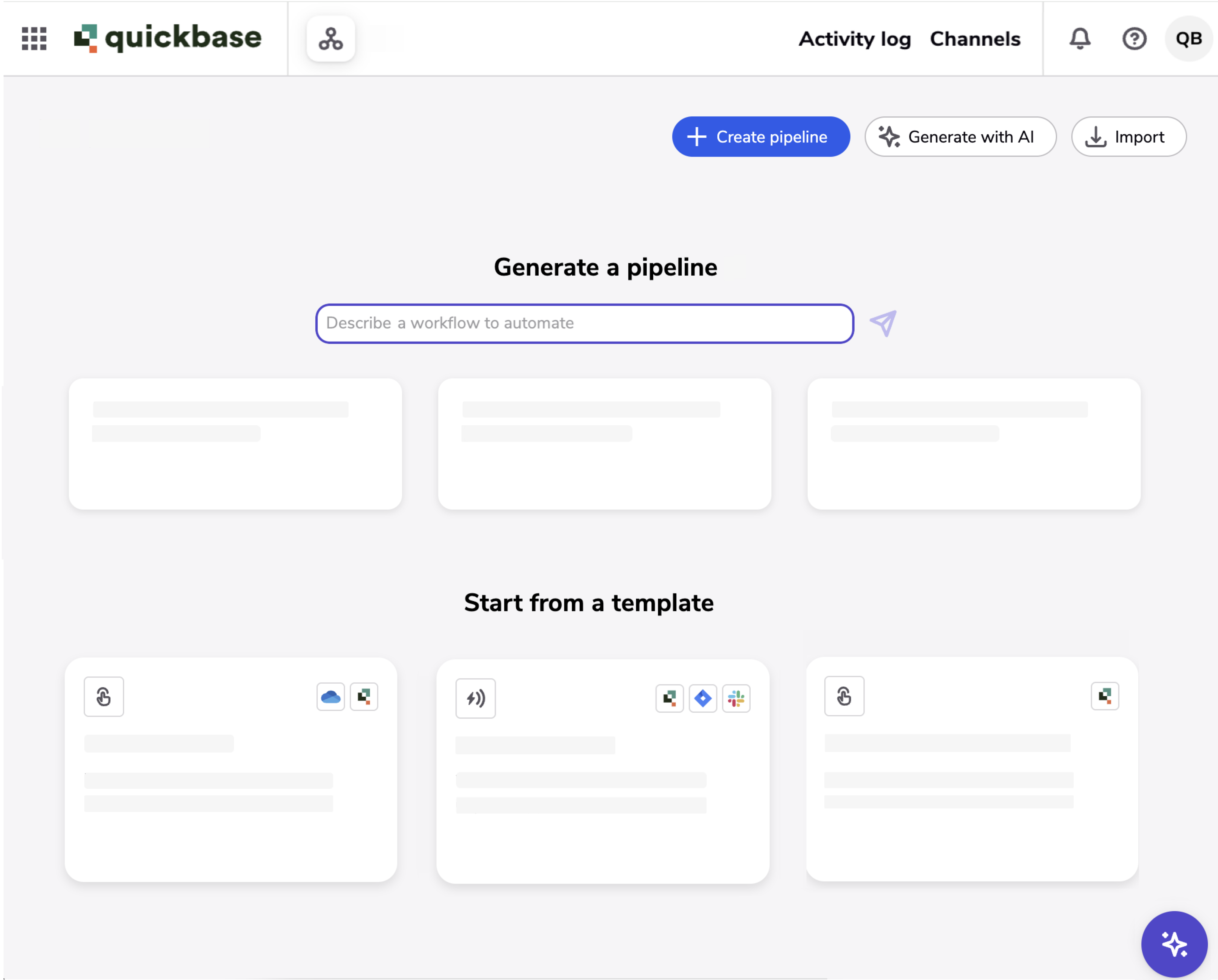 The My pipelines page, where you can create a pipeline, generate a pipeline with AI, import, or start from a template