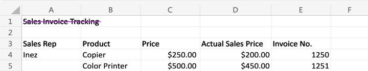 Screenshot of an Excel spreadsheet with the title Sales Invoice Tracking. The title is struck through to represent it needs to be removed from the spreadsheet before it is imported into Quickbase.