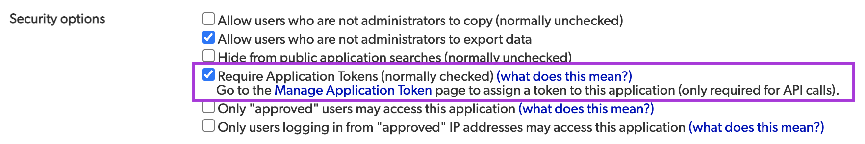 advanced settings, list of checkbox options in Security options. Require application Tokens checkbox is highlighted.
