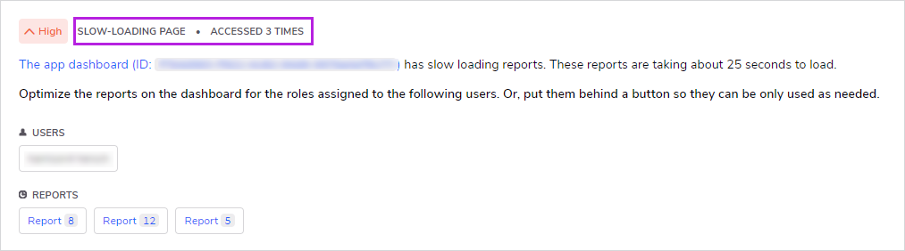 Example of an insight. The insight summary is Slow-loading page • Accessed 3 times.