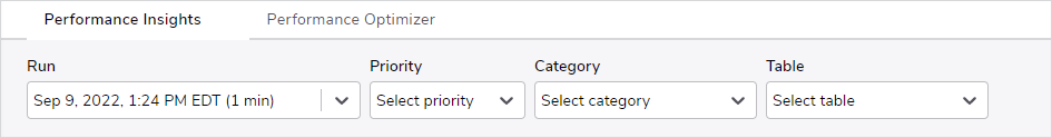 Example of the filtering available at the beginning of the Performance Insights screen. From right to left, filters are available for Run, Priority, Category, and Table.